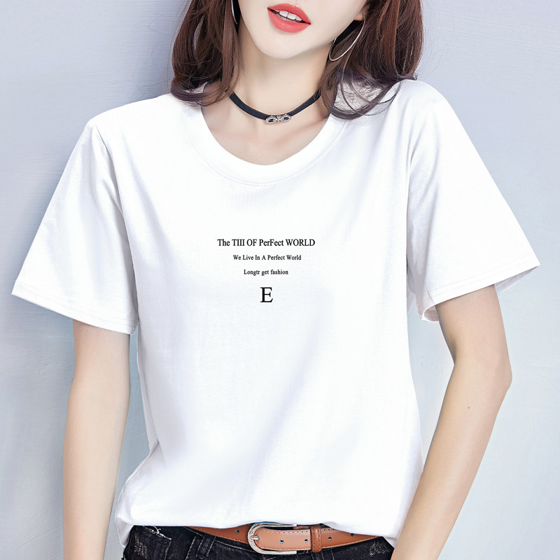 2025年夏季新款韩版印花纯棉t恤女圆领短袖宽松半袖白色上衣女潮