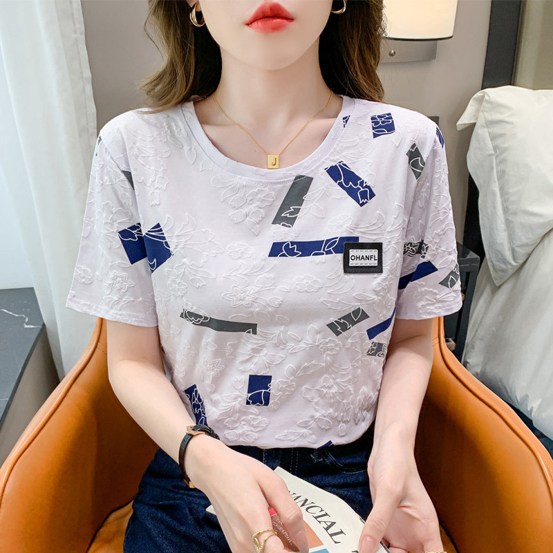 纯棉短袖t恤女士正肩2024新款白色半袖体恤夏装洋气立体印花上衣
