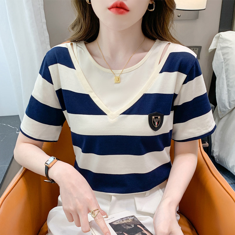 纯棉条纹短袖t恤女夏装2023新款设计感小众宽松休闲体恤衫上衣潮