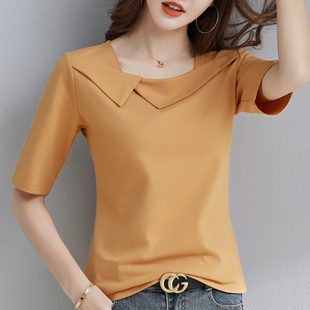 白色短袖t恤女纯棉方领2023年新款夏中袖体恤小心机锁骨半袖上衣