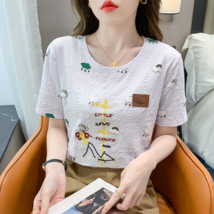 白色纯棉短袖t恤女夏季2023年新款宽松正肩半袖体袖刺绣小众上衣
