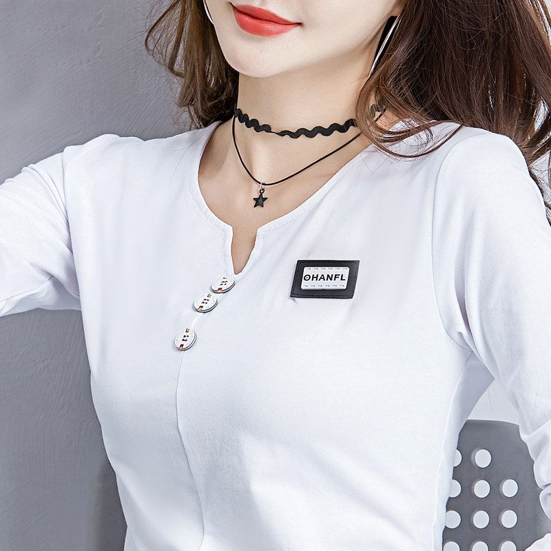 2024春装新款V领纯棉上衣女修身纽扣韩版百搭t恤时尚长袖打底衫女