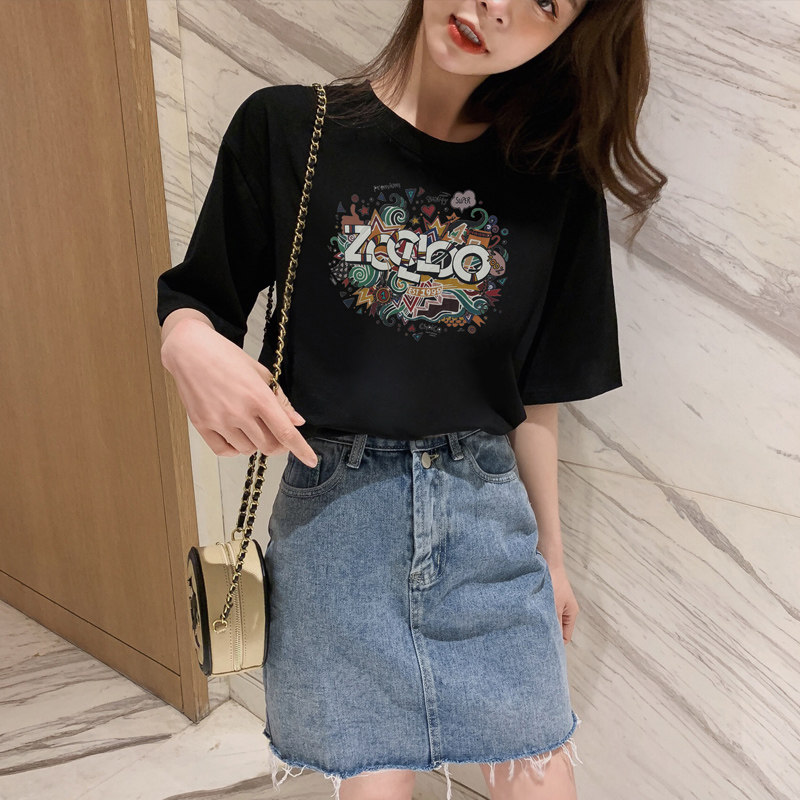 黑色t恤女宽松短袖港风夏装韩版大码学生纯棉半袖网红上衣服ins潮