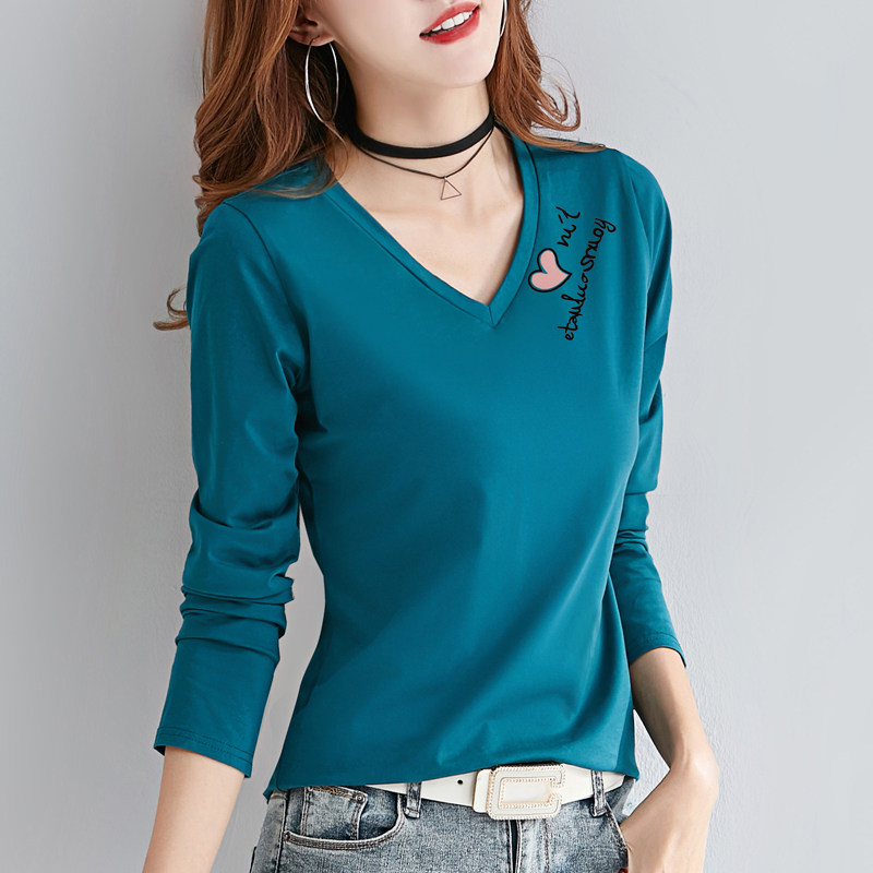 2021春季V領纯棉长袖t恤女