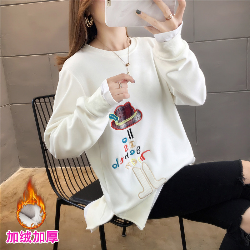 加绒打底衫女长袖内搭假两件t恤秋冬装韩版宽松刺绣百搭上衣ins潮
