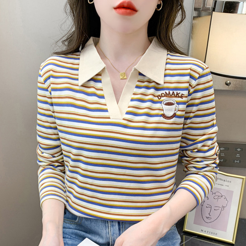 纯棉长袖t恤女修身显瘦内搭POLO领打底衫女春秋条纹小衫上衣