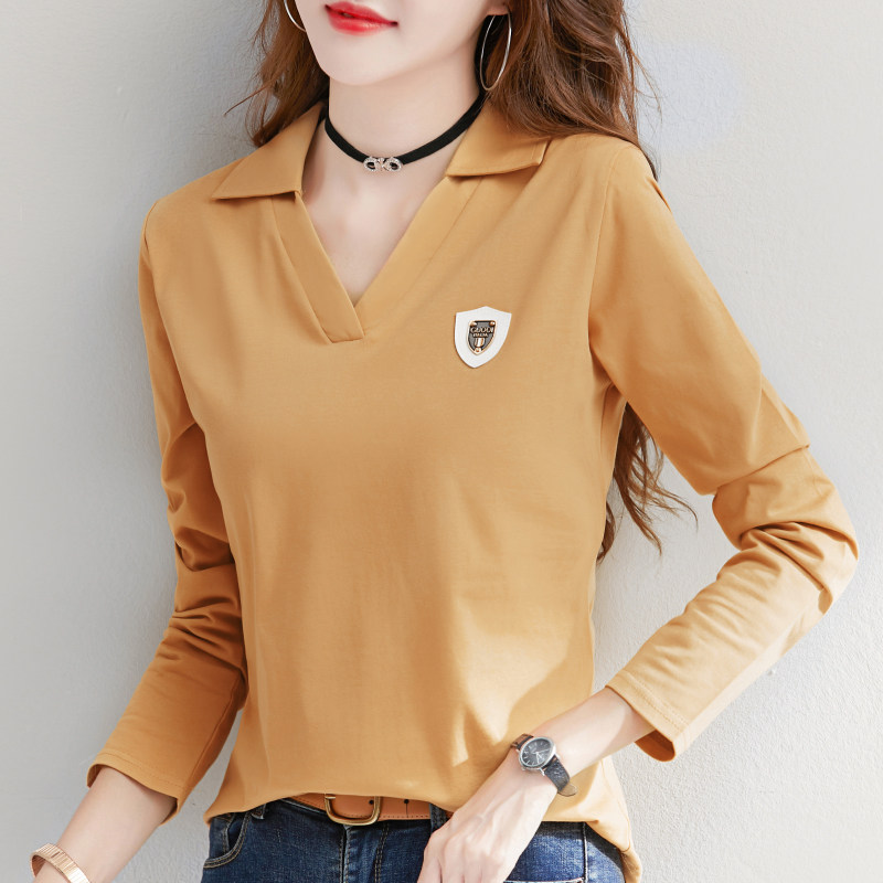 内搭打底衫女长袖春秋设计感小众纯棉白色t恤POLO领紧身洋气上衣