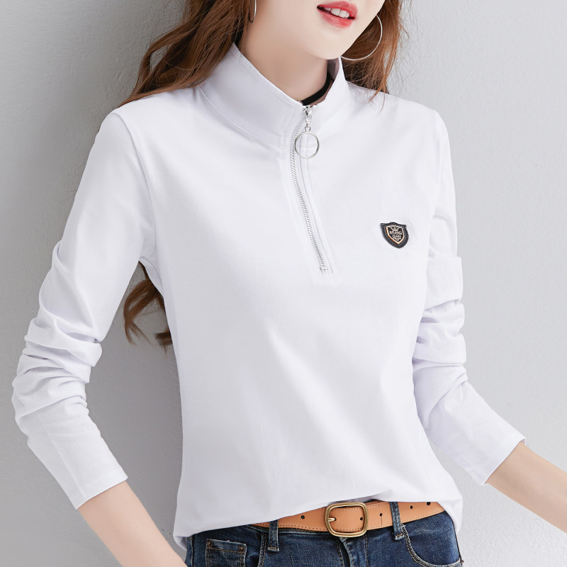 中领打底衫女长袖内搭春秋立领白色t恤紧身纯棉半高领薄款上衣潮