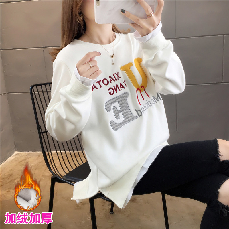 假两件t恤女长袖内搭加绒打底衫秋冬2019新款韩版宽松洋气上衣服