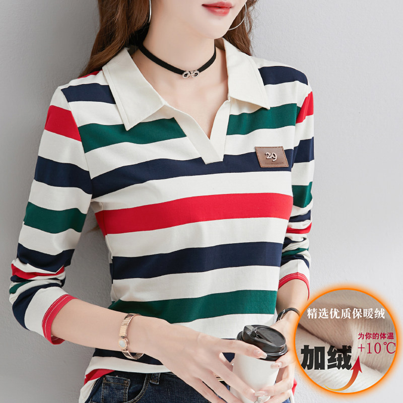 加绒加厚打底衫女内搭条纹长袖t恤纯棉POLO领保暖小衫春秋冬上衣