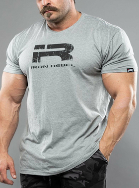 IR新款运动T恤男宽松圆领休闲半袖大码美式印花弹力棉健身衣短袖