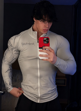 暗黑速干秋冬训练长袖男子拉链健身衣跑步运动T恤美式高弹紧身衣