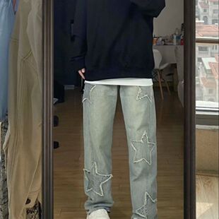 子2026年炸街原宿风潮 街复古宽松直筒阔腿大五角星长裤 牛仔裤 美式