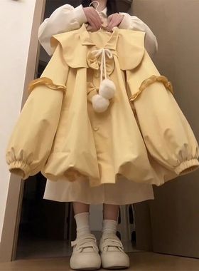 甜美风奶黄色娃娃领花苞棉服女冬季新款宽松保暖棉衣外套2025年潮