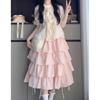 可爱甜妹多巴胺穿搭一整套女夏学院风绑带衬衫粉格子蛋糕裙两件套