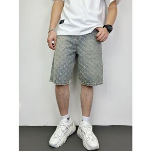 子男潮牌高街提花破洞 设计感小众裤 夏季 宽松直筒复古五分牛仔短裤