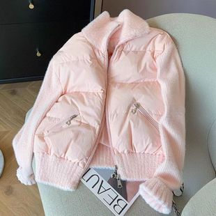 超火的针织拼接棉服外套女冬季2025冬季新款修身显瘦短款棉衣棉袄