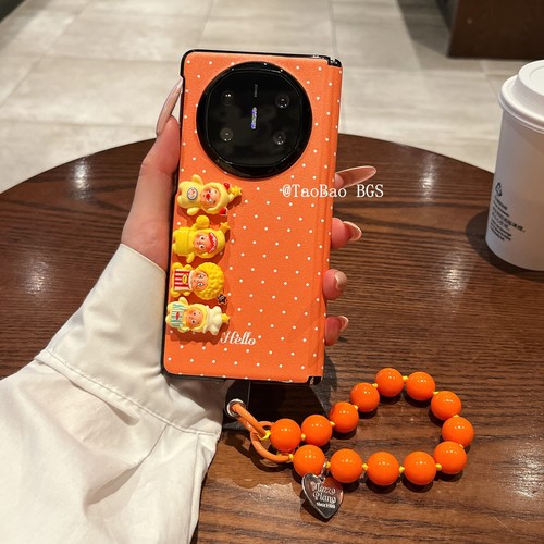 可爱卡通星星人橙色波点适用于华为MateX6手机壳带手链Mate单后壳X6中轴保护X5皮纹X3折叠屏秋冬全包防摔外壳