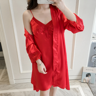 红色睡衣女性感冰丝春秋夏天本命年可爱蕾丝睡裙新娘晨袍秋冬睡袍