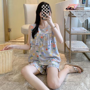 套装 防凸点睡衣女士夏季 无袖 超薄款 家居服学生 纯棉绸夏天背心短裤