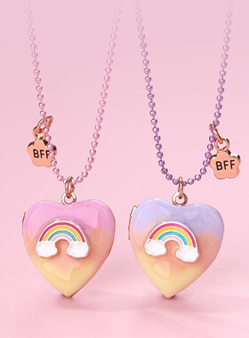 一对彩虹独角兽儿童闺蜜项链女生简约爱心可打开相盒吊坠生日礼物