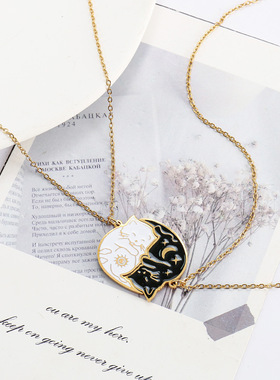 二人卡通太阳月亮猫咪不锈钢项链情侣闺蜜一对高级感钛钢饰品套装