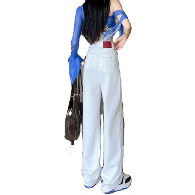 窄版直筒小个子白色阔腿牛仔裤子