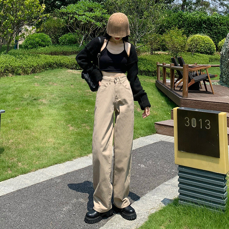 卡其色裤子女春秋2026年新款高腰显瘦梨形身材直筒阔腿休闲牛仔裤