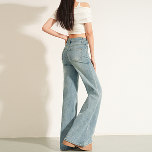 浅色高腰不贴腿弹力微喇牛仔裤女微宽松显高显腿长直筒阔腿喇叭裤