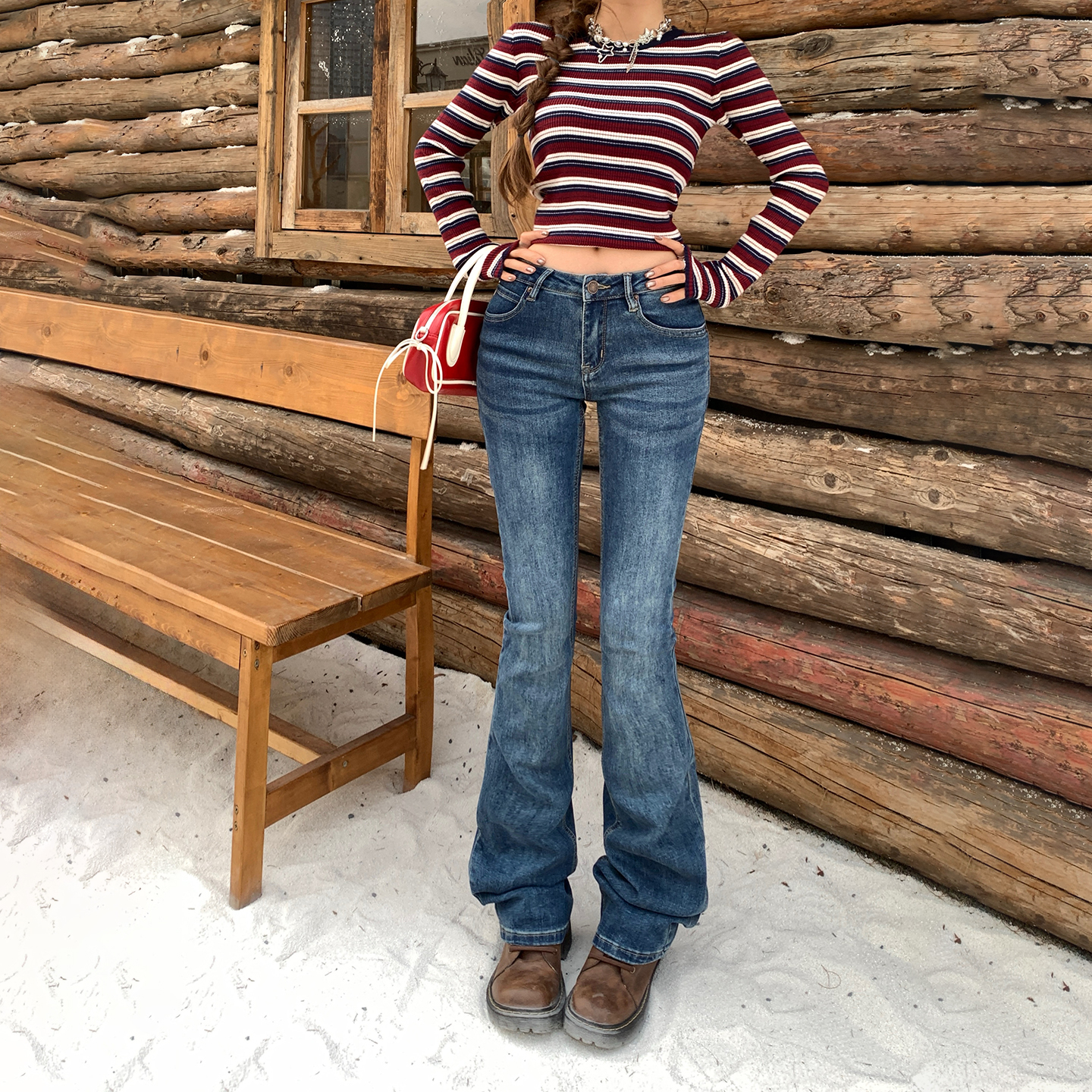 辣妹复古低腰微喇叭牛仔裤女薄绒