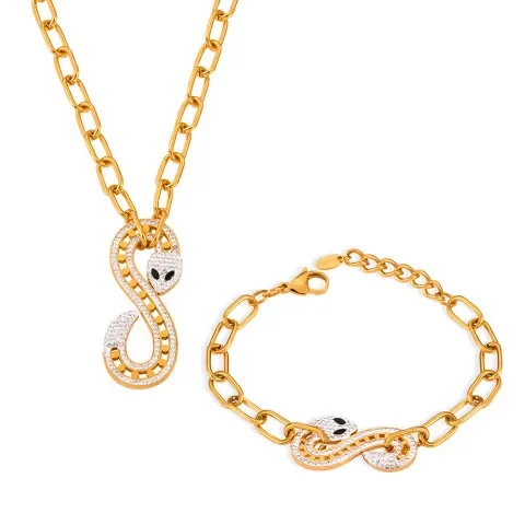 新款欧美个性S型吊坠蛇形嘻哈镀18k金轻奢满钻钛钢饰品套装ins风