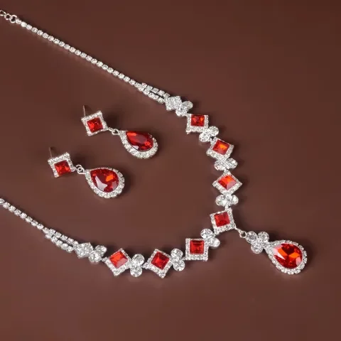 直长耳环项链满钻女流行水钻百搭红色欧美个性中东新款套装