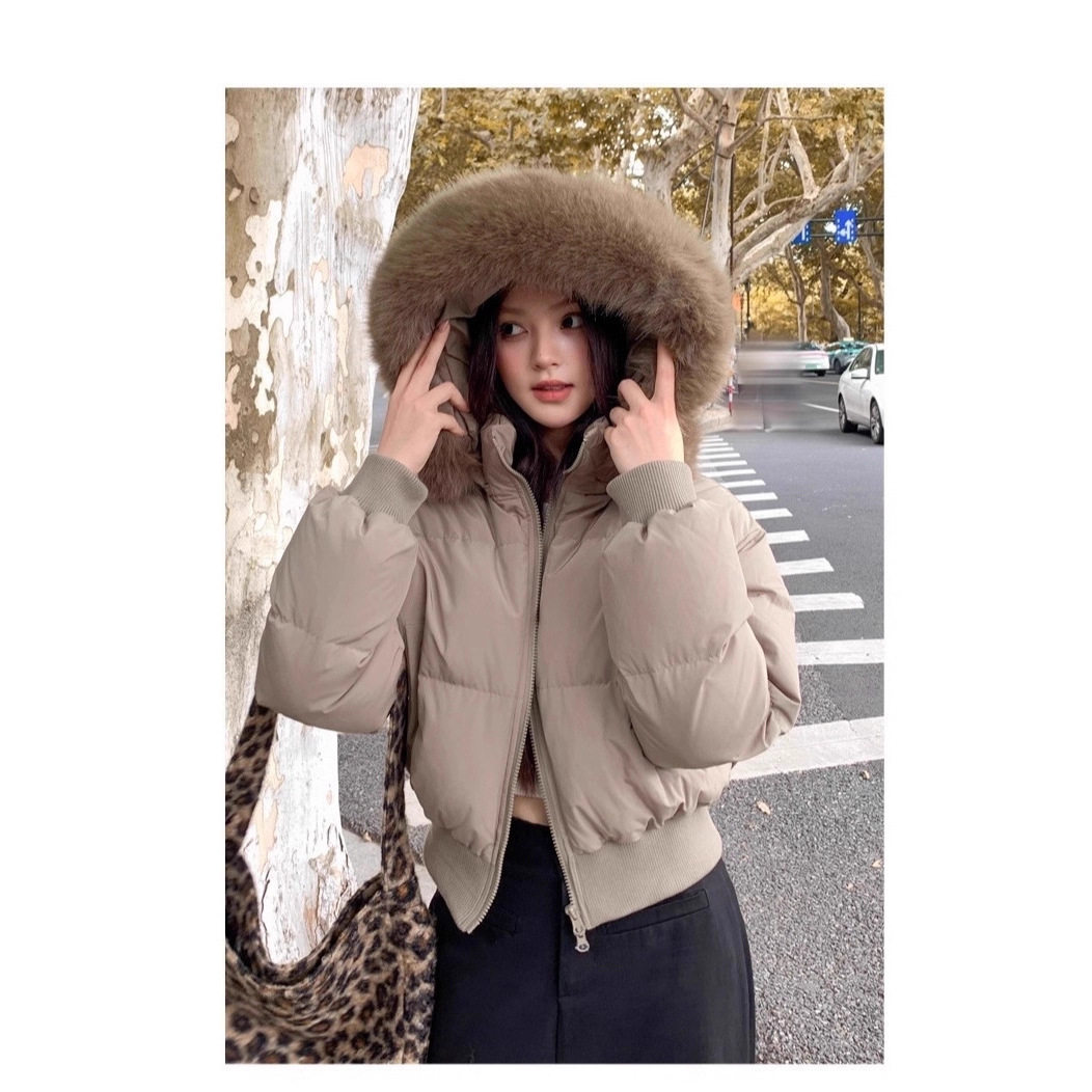 黑色大毛领连帽羽绒棉服女冬季2024新款美式加厚保暖短款棉衣