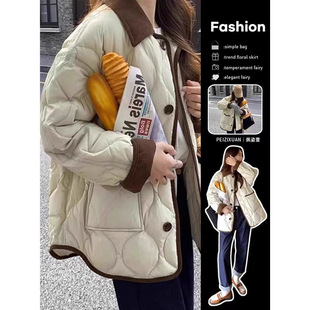 宽松棉袄翻领撞色短款 新款 棉衣 复古菱格棉服外套女秋冬季 韩版