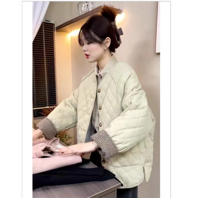 设计感菱格羽绒棉服外套女2025冬季小香风夹棉小个子韩系棉袄棉衣