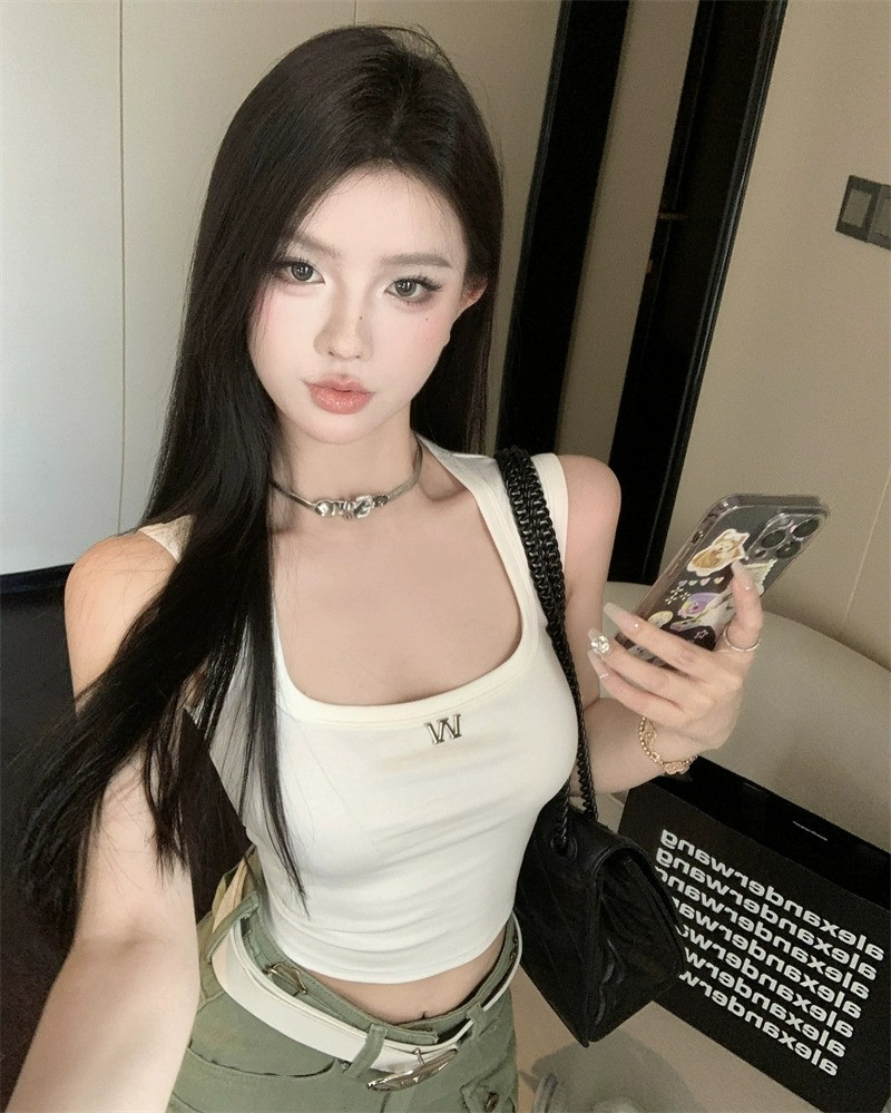 辣妹纯棉金属小标吊带背心女夏季背心吊带