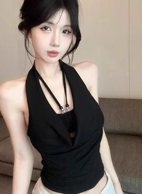 辣妹假两件挂脖荡领背心女夏季修身显瘦气质百搭外穿吊带抹胸上衣