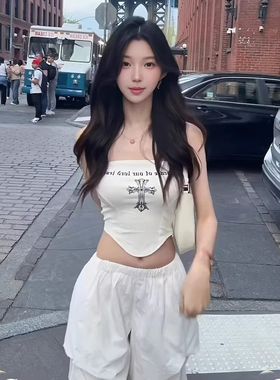 辣妹纯棉美式十字架印花吊带抹胸女夏季高级感短款无袖小背心上衣