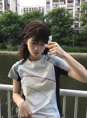 美式拼接撞色线条短袖t恤女夏季设计感修身显瘦小众运动短款上衣