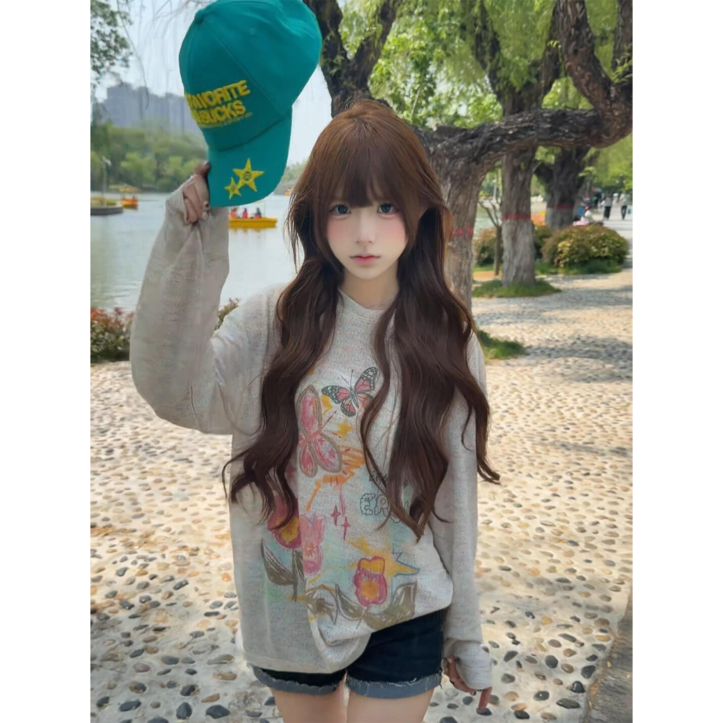 潮牌花卉蝴蝶彩绘防晒罩衫女夏薄款宽松长袖t恤女松弛感外穿上衣