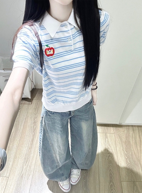 美式复古条纹POLO领短袖t恤女夏季修身短款正肩设计感针织衫上衣