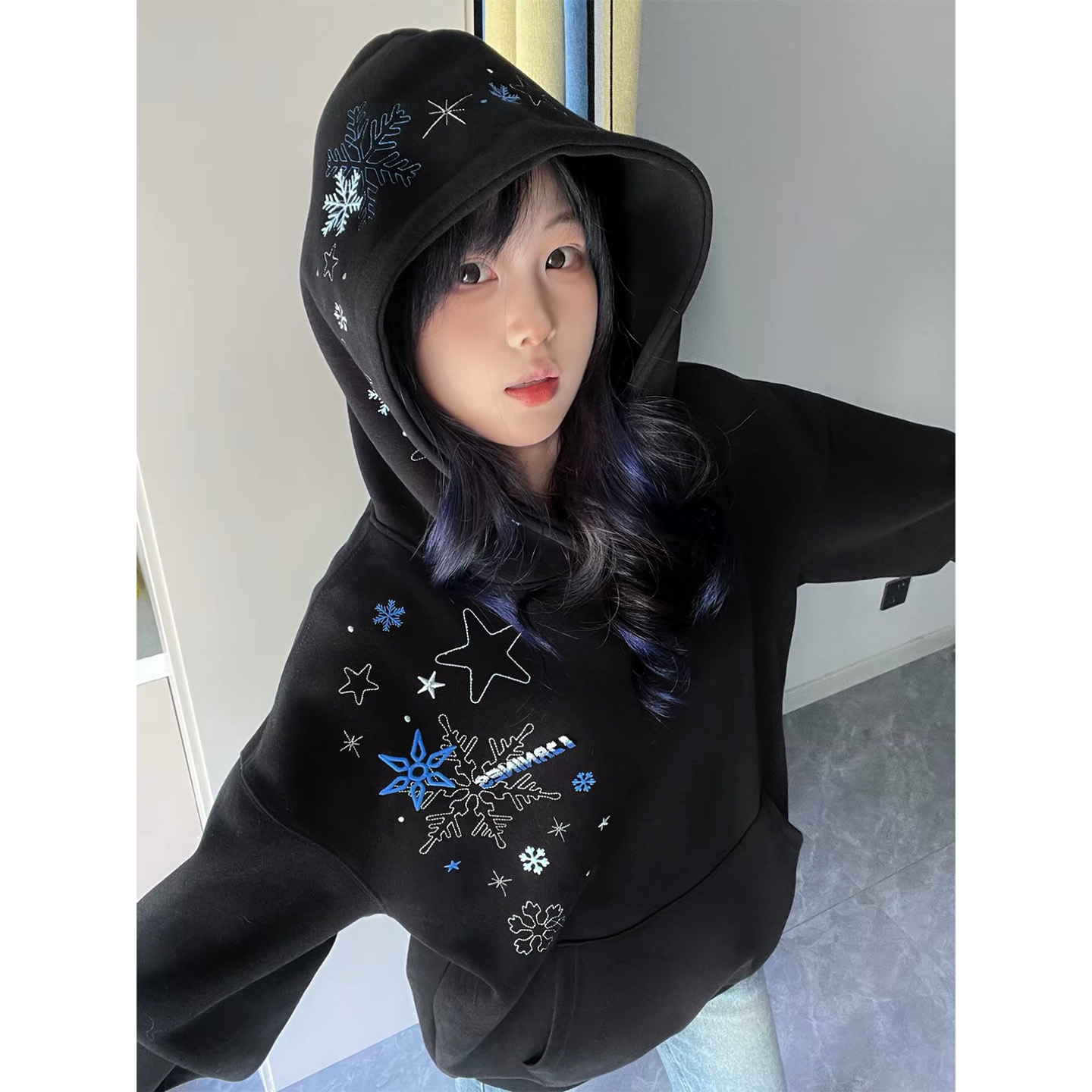 国潮牌美式高街雪花刺绣连帽卫衣