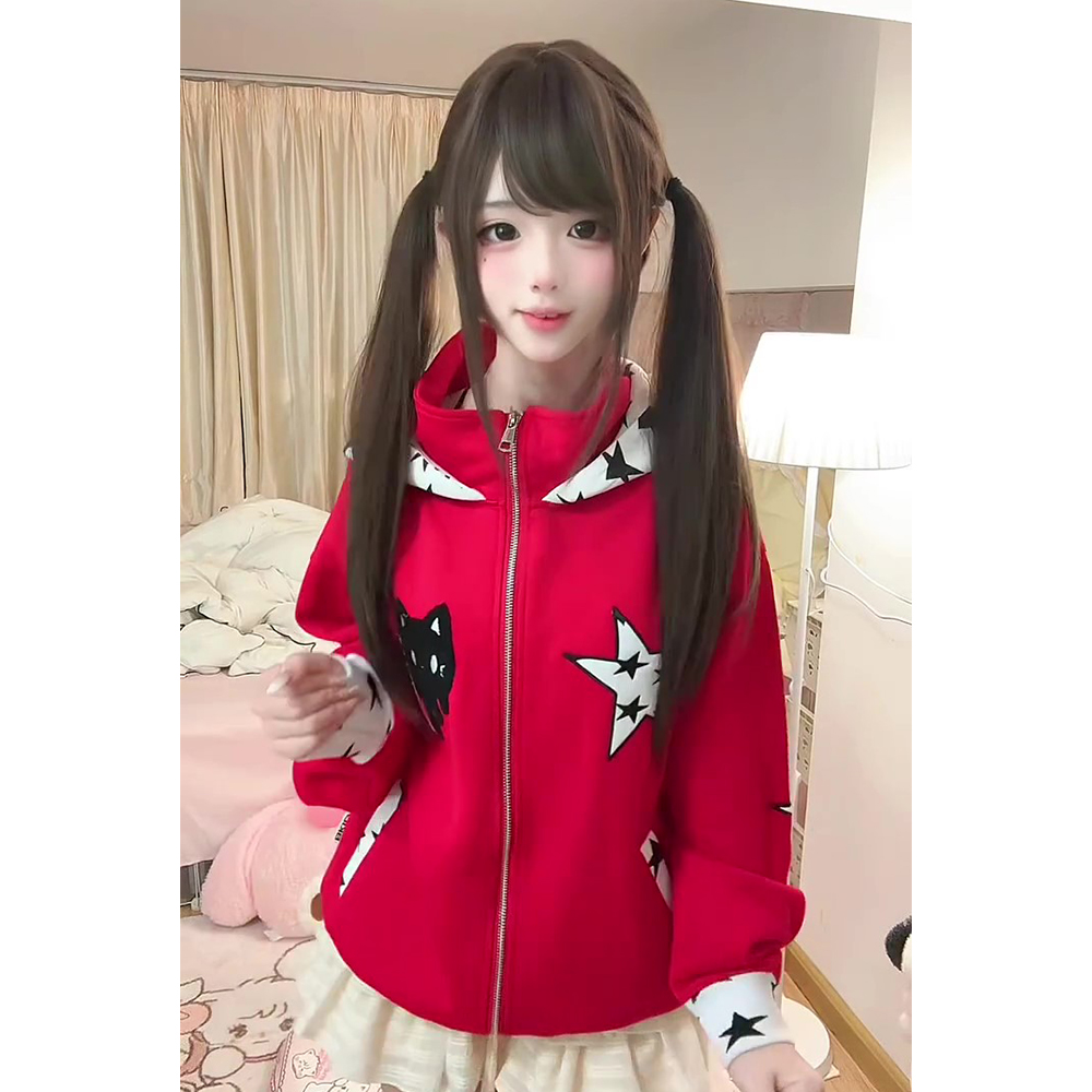 韩系甜美猫咪星星刺绣连帽卫衣