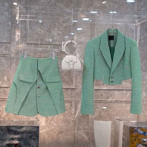 2023年新款韩版韩版时尚轻熟风港味绿色西装半身裙两件套装女早秋