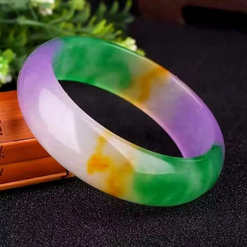 2022新品翡翠色金丝玉中宽复古女款福禄寿三色七彩色旺夫玉手镯