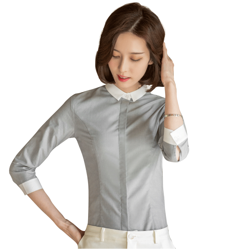 灰色七分袖衬衫女夏季新款工作服设计感小众时尚小领上衣职业衬衣