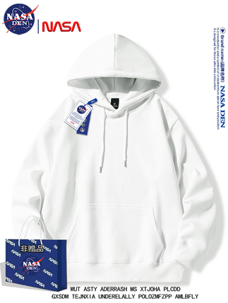 NASA co-branded white hoodie, unisex, solid color, loose fit, trendy youth style, jacket/top.