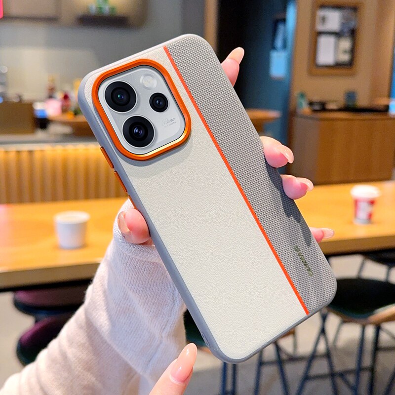 适用oppoReno15手机壳高端三拼色素皮Reno15pro新款opreno橙色大孔金属镜头PLW110防摔保护套PLV110真皮后壳