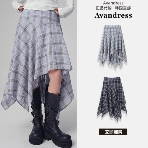 韩代AVAN软糯格纹不对称中长裙