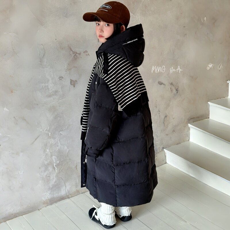 韩国童装中大童长款羽绒服女童2025新款男童90白鸭绒过膝冬装外套